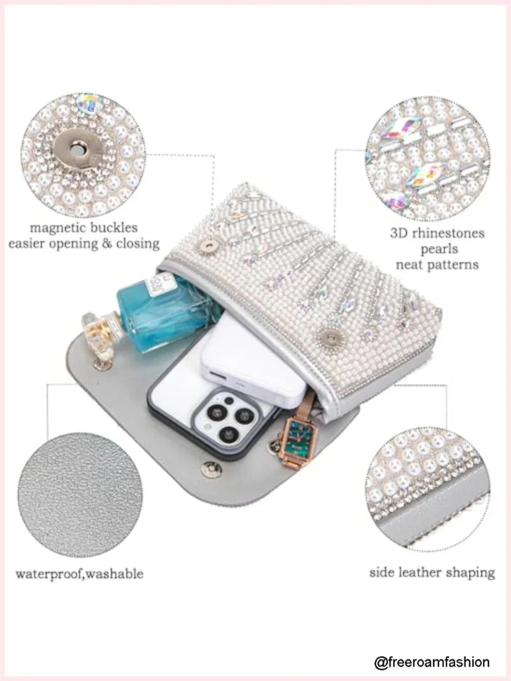Pearls Rhinestones Evening Shoulder Crossbody Clutch Bag with Chain